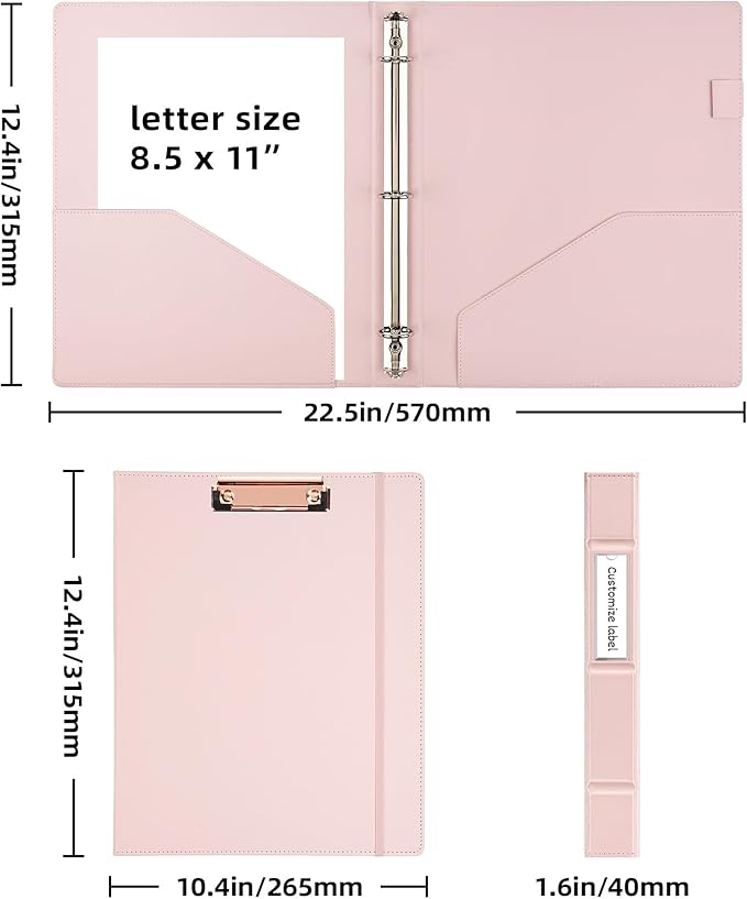 Ospelelf Vintage Hardcover 3 Ring 1 inch Leather Binder, Professional Binder Organizer Suitable for Letter Size, Binder Dividers with Tabs, Clipboard Design, Faux Rose Pink Leather
