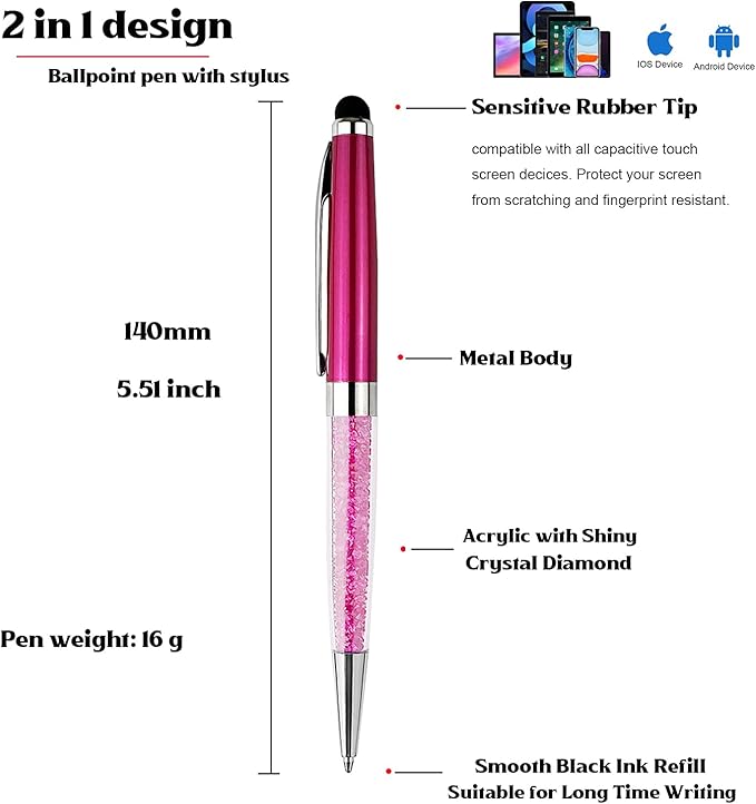 Ancolo Custom Personal Pens with Stylus Tip - Beautiful Smooth Writing Set Black ink refill - Engraved with Your Name or Message Gift for Women/Lady/Girl/Teacher/Manager/10 Pens/Box (Rose red)