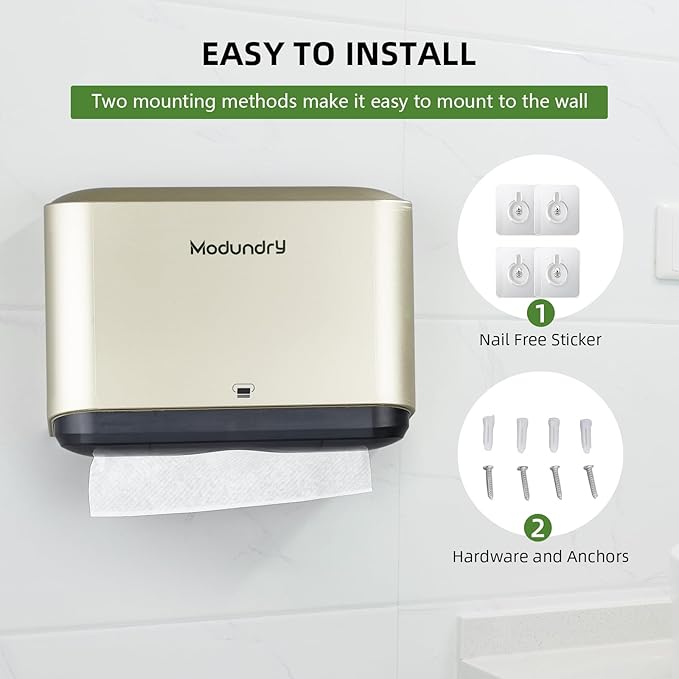 Wall Mount Paper Towel Dispensers - Multifold Tissue Dispenser with Smart Lock, Adhesive No Drilling/Screws Install, Hand Towel Holder for Home Bathroom, Restroom, Office (Gold)