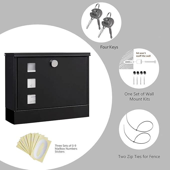 LAND·VOI Locking Mailbox Wall Mounted, Metal Postbox with Three Sets of Mail Box Number Stickers, 4 Keys, 14.4" x 4.5" x 11.2", Large Capacity, Black, AMB11B