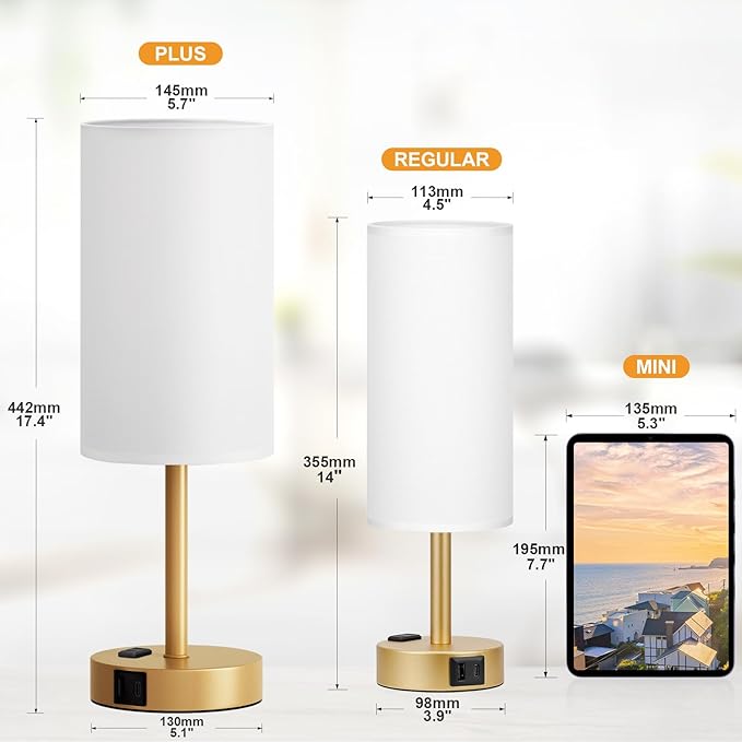 Fenmzee Gold Nightstand Bedroom Lamp - 3 Way Dimmable Bedside Lamp USB C A Charging Ports and AC Outlet, Small Table Lamp Linen Lampshade for Office Desk