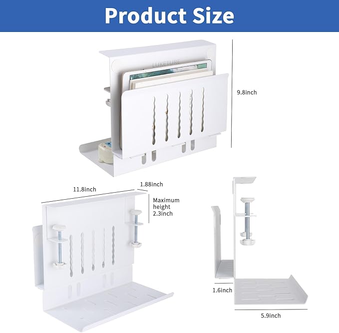 LUKETURE Desk Side Laptop Holder, Side Desk Laptop Holder with Cable Management Tray, 2 in 1 Steel Under Table Laptop Mount, Table Hanging Storage for Office and Home (White)