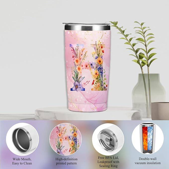 Personalized Gifts Monogrammed Birthday Gifts for Women, Bridesmaid Bachelorette Party Christmas Initial 20 oz Tumbler, Makeup Bag Cup Ballpoint Pens Journal Notebook 6 Set, (Aesthetic Pink Flower H)