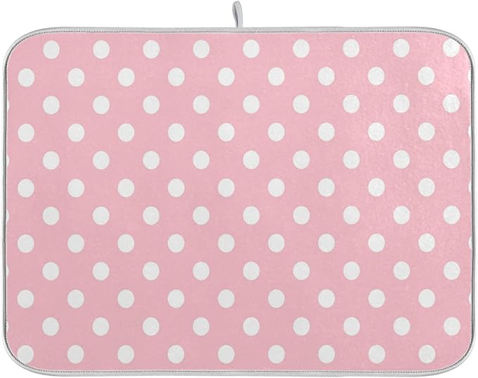 Pink White Polka Dot Dish Drying Mat for Kitchen Counter 16 x 18 Inch Absorbent Microfiber Valentines Dry Dishes Rack Mats Drainer Mat Dish Drying Pad for Countertops Decor