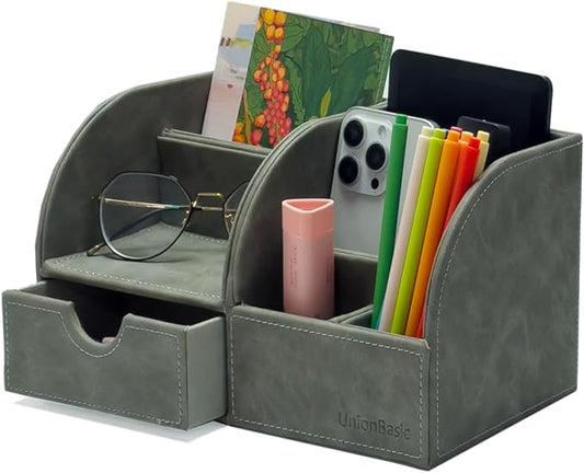 UnionBasic Desk Organizer, Multi-functional Leather Desktop Office Organizer, Pen Holder - Business Card/Pen/Pencil/Mobile Phone/Stationery Holder Storage Box, Taiga Dark Grey