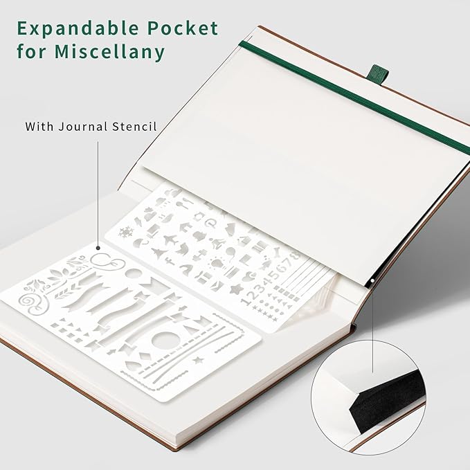 AHGXG Bullet Dotted Journal - Dot Grid Notebook Journal, 120 GSM Thick Acid-Free Paper, Large B5 Dotted Notebook 96 Pages, Leather Softcover, Inner Pocket, Journal Stencil, 7.6'' X 10'' - Green