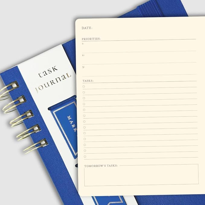 Daily Task Journal by Graphique Luxe Collection, Fabric-Wrapped Hardcover Spiral Notebook for Planning & Writing, Priority List Planner with Magnetic Bookmarks & Gold Foil Embossing,192 Pages, 6” x 8”, Colbalt Blue