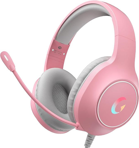 CM7002 Gaming Headset for PS5, PS4, PC, Mac, Switch, Xbox Series, Surround Sound RGB Gaming Headphones with Noise Canceling Microphone, 50MM Dynamic Drivers, 3.5MM Audio Jack, Light Pink