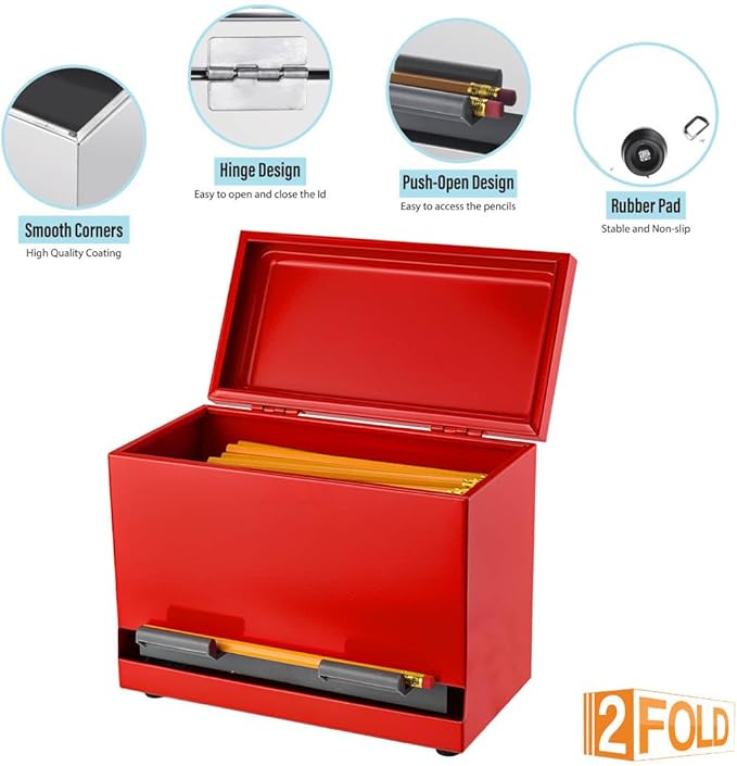 2Fold Pencil Dispenser for Classroom - Stainless Steel Bulk Pencil Holder for Desk - Includes Removable Label Stickers - Teacher Must Haves for Organization - Holds up to 200 Pencils (Red)