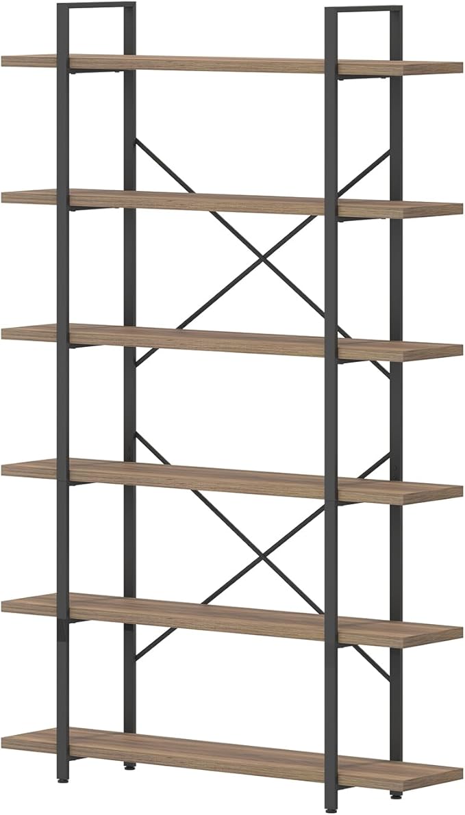 HSH Tall Bookcases and Book Shelves 6 Shelf, Metal Wooden Book Shelf and Storage Rack, Modern Etagere 6 Tier Bookshelf, Farmhouse Large Display Bookshelves for Bedroom Living Room Office, Rustic Oak
