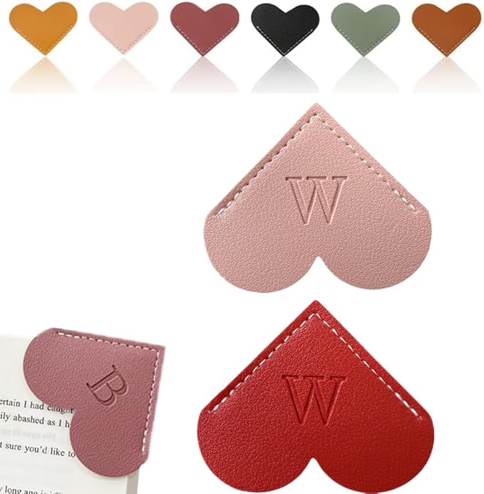 Personalized Leather Heart Bookmark, 26 Letters Customized Corner Book Mark for Reading Women, Book Marker with Initials，Cute Gifts (Red+Light Pink, W)
