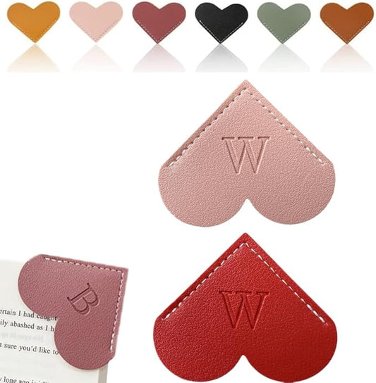 Personalized Leather Heart Bookmark, 26 Letters Customized Corner Book Mark for Reading Women, Book Marker with Initials，Cute Gifts (Red+Light Pink, W)