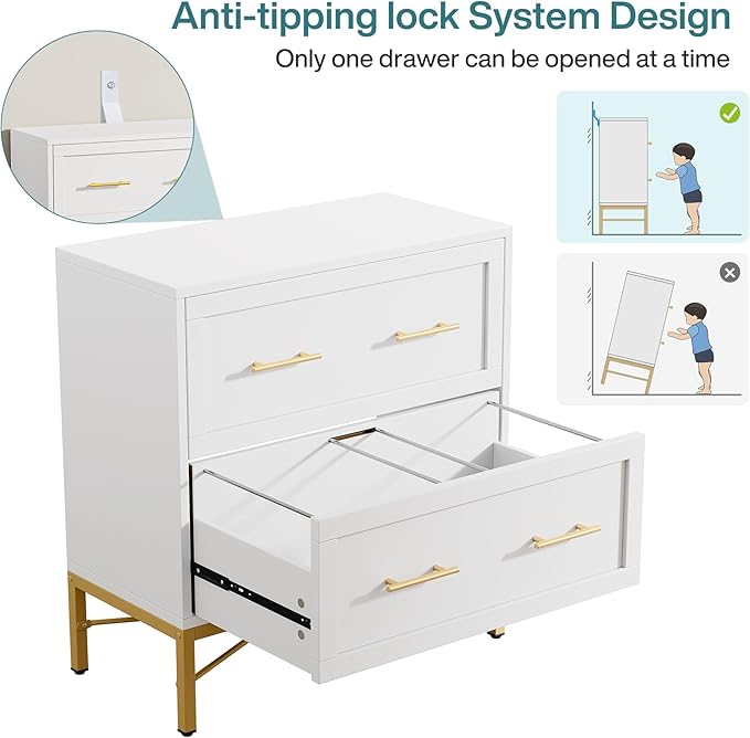 Tribesigns Modern White 2 Drawer File Cabinet, Lateral Filing Cabinet for Letter/Legal/A4 Size, Wood File Storage Cabinets Printer Stand with Storage for Home, Office, White and Gold
