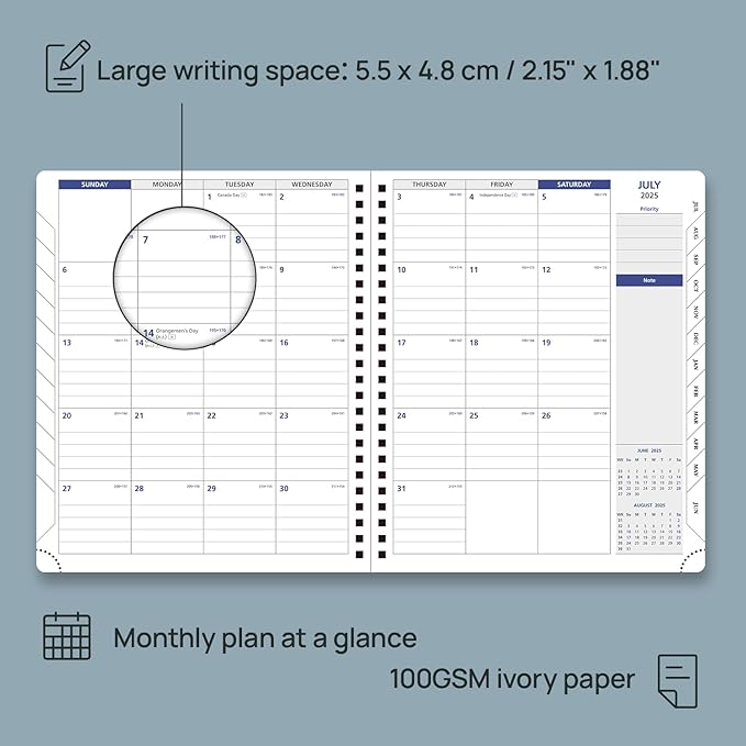 POPRUN 2025-2026 Weekly Planner 7.25'' x 8.25''Academic Spiral Appointment Book (July 2025-June 2026) with Quarter-Hourly Schedule, Monthly Tabs, Leather Softcover, Inner Pocket - Black