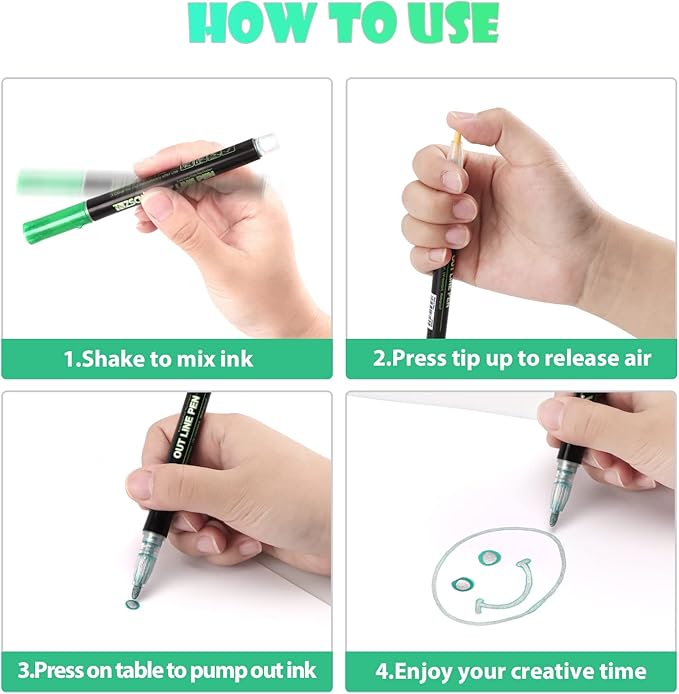 Double Line Outline Metallic Markers,Super Squiggles Shimmer Markers Pen,12 Colors Self-Outline Metallic Markers Glitter Writing Drawing Pens for Christmas Card Writing,Posters,DIY Art Crafts