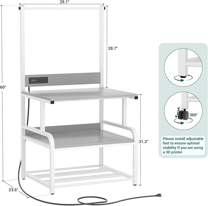Homieasy Printer Stand with Charging Station, 29.1" x 22.8" Large 3D Printer Table with Filament Storage, Heavy Duty Rolling Printer Cart with 4-Tier Storage for Workshop/Office/Garage, Light Grey