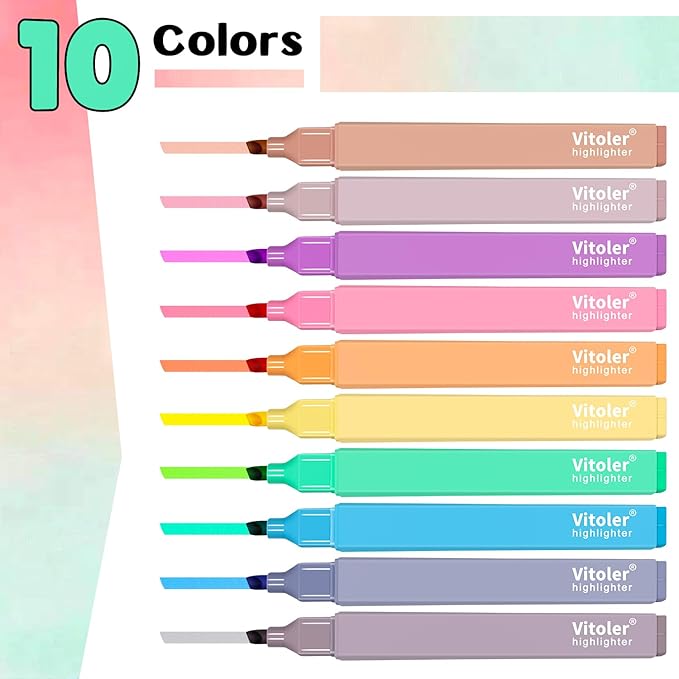 Vitoler 10Pcs Aesthetic Highlighters, Chisel Tip Marker Pens,Assorted Color Candy Highlighters,No Bleed Bible Highlighter,Cute Pastel Highlighter for Journaling Planner Notes School Supplies