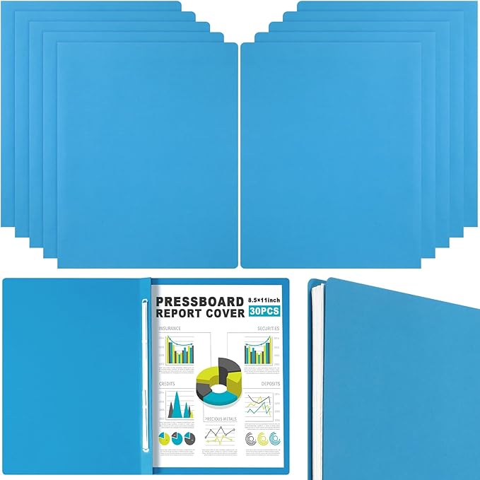 30 Pcs 8.5'' x 11'' Pressboard Report Cover, 3'' Capacity Metal Prong Fastener with Compressor, Letter Size, Presentation Folder to Neatly Bind Report, Proposal Document (Blue)
