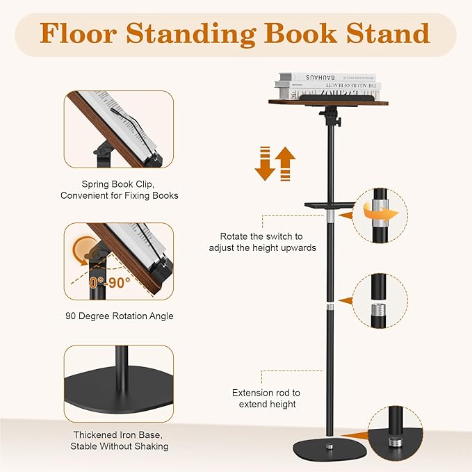 Snughome Floor Book Stand with Removable Tray, Wood Standing Book Stand for Reading, Height Adjustment 21"-51", Music Stand Cookbook Stand Textbook Stand Laptop Stand Book Holder for Display