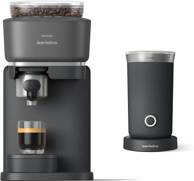Philips Baristina Espresso Machine+Milk Frother Bundle. Real espresso. Compact coffee machine, portafilter, grinder, Cafe Crema. Dairy & Non-Dairy Milk foam. Hot & Cold. Easy Clean. Black (BAR303/60)
