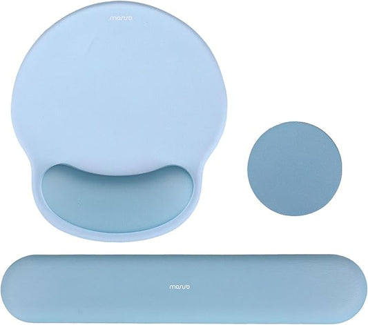 MOSISO Wrist Rest Support for Mouse Pad&Keyboard Set, Circle Curved Ergonomic Mousepad&Coaster Non-Slip Base Home/Office Pain Relief&Easy Typing Pad with Soft Cloth&Silicone Lining, Air Blue