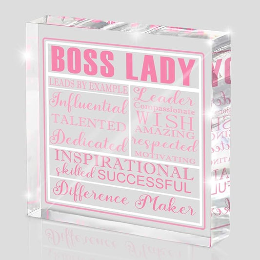 Boss Lady Gift For Women, Pink Acrylic Decorative Plaque Sign, Inspirational Quotes Office Gift For Leaders, Pink Acrylic Boss Lady Office Decoration, Birthday Thank You Souvenir 4x4 inches