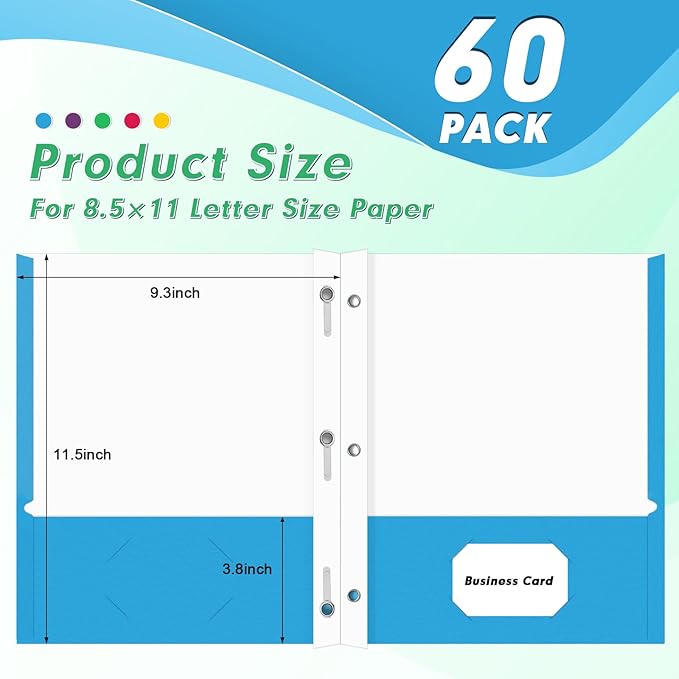 Two Pocket Folders, PANDRI 60 Pack Two Pocket Folders with Prongs, 2 Pocket 3 Prong Folders Designed for Office and Classroom, Letter Size, Assorted 5 Colors
