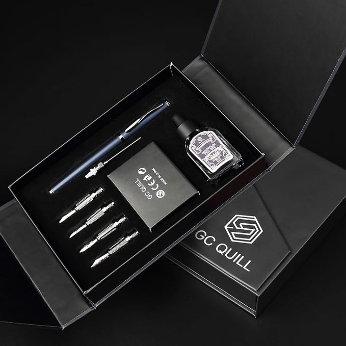 GC QUILL Calligraphy Fountain Pen Set - Includes 5 Nibs, Ink Bottle, Ink Refill Converter and 18 Cartridges, Fancy Pen for Women Men Gift - MU-25