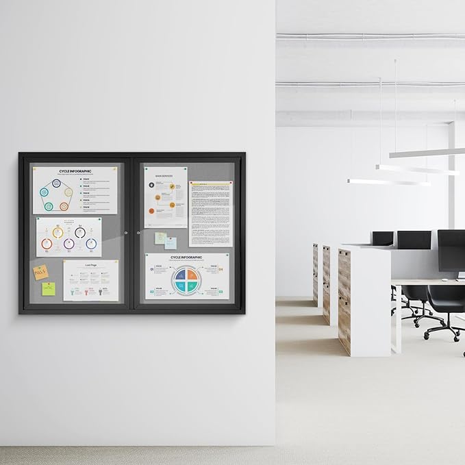 SWANCROWN Enclosed Bulletin Board 48x36in, Outdoor Bulletin Board Weatherproof for Office School Commerce, Grey Felt, Black Aluminum Frame