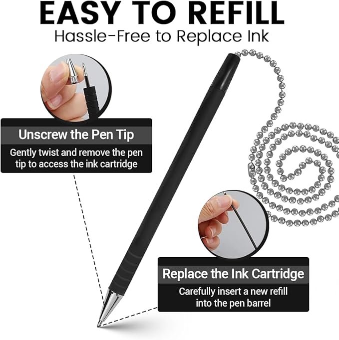Secure Pen with Adhesive Pen Chain Holder 23-Inch Chain (42 Pieces) | 7 Black Pens and 7 Blue Pens with 14 Black & 14 Blue Refills | Counter Pens with Chain & Base