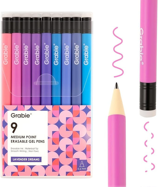 Grabie Erasable Gel Pens, 9 Colors Erasable Pens Multicolor, Make Mistakes Disappear, 0.6mm Medium Point Rollerball Tip Colored Pens for Drawing Writing Planner, Smooth Writing (Lavender Dreams)
