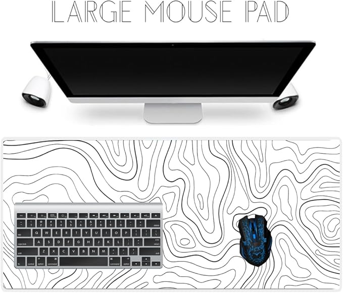 White Mouse Pad, Topographic Mouse Pad Large, Gaming Desk Pad, XL Mousepad, Keyboard Pad, Desk Mat, 31.5 x 11.8 in, Minimalist Contour for Office
