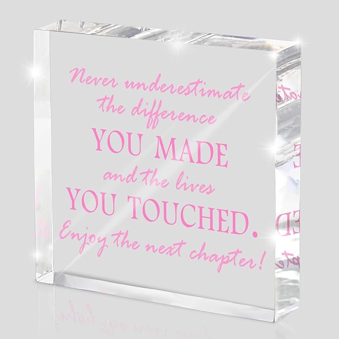 Never Underestimate Your Impact Acrylic Desk Sign - 4 * 4 Inch Pink Lettering Farewell Gifts for Coworkers Women, Inspirational Goodbye Going Away Gift for Office Retirement