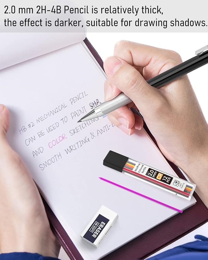 Nicpro Black Art Mechanical Pencil Set in Case, Metal Drafting Pencils 0.3, 0.5, 0.7, 0.9 & 2mm Graphite Holders (2H HB 2B 4B Colored Lead) for Sketching Drawing with 9 Lead Refills, 2 Erasers