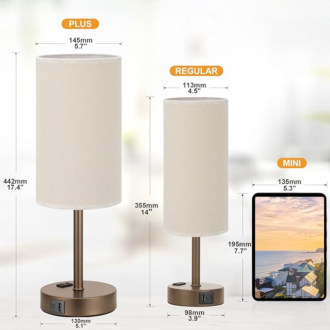 Fenmzee Touch Table Lamp - Beige, 3-Way Dimmable, USB A + C Charging, AC Outlet, 17.4inch Medium, Brown Metal Base