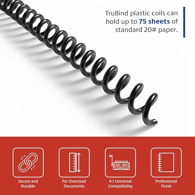 TruBind 10mm (3/8 in.) Spiral Binding Coils for Reports, Presentations and Proposals | 4:1 Pitch | 36 in. Length | Black | 75 Sheets Binding Capacity | 100 Pack