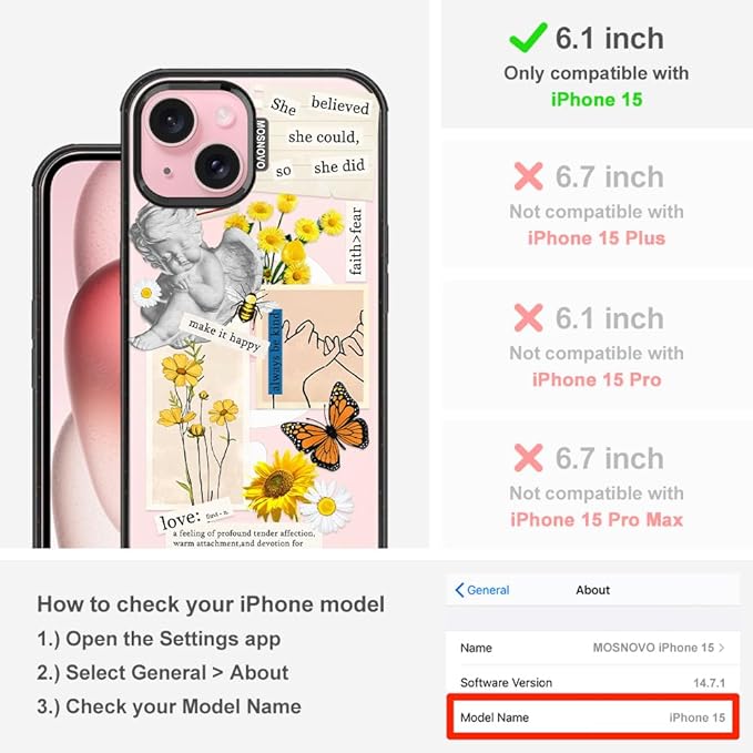 MOSNOVO Magnetic Case for iPhone 15, 10ft Military-Grade Protection, Compatible with Magsafe, Shockproof Phone Case for iPhone 15 - Vintage Collage Art - Clear Black