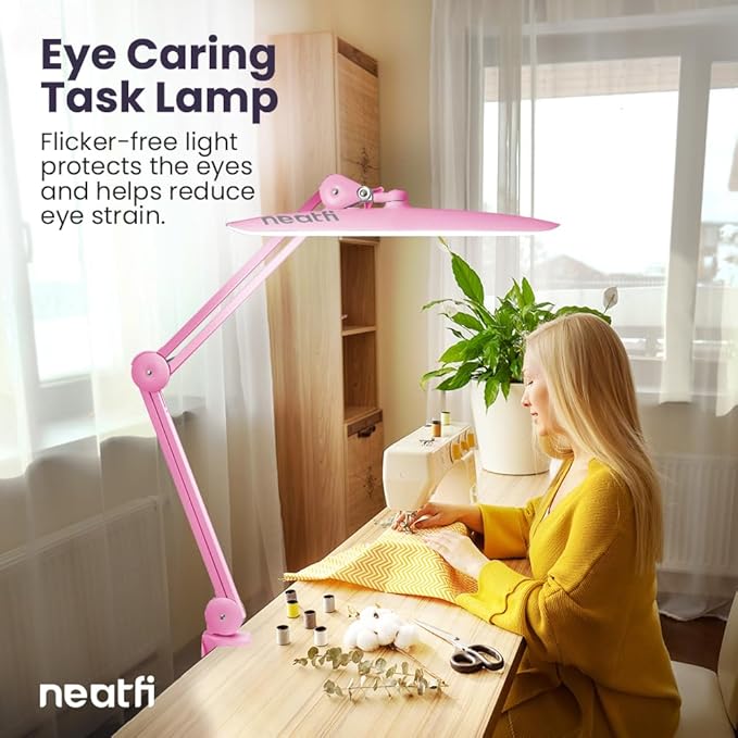Neatfi XL 2,200 Lumens LED Desk Lamp with Clamp, 24 Watt Bright Architect Task Lamp, 20 Inches Dimmable Computer Light, Adjustable Desk Light for Home, Office, Crafts, Nails & Hobbies (Non-CCT, Pink)