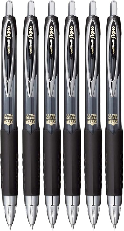 Signo 207 Roller Ball Retractable Gel Pens, Ultra Micro Point (0.38mm), Black Ink, 6 Count, Bundle with Plastic Reusable Pouch