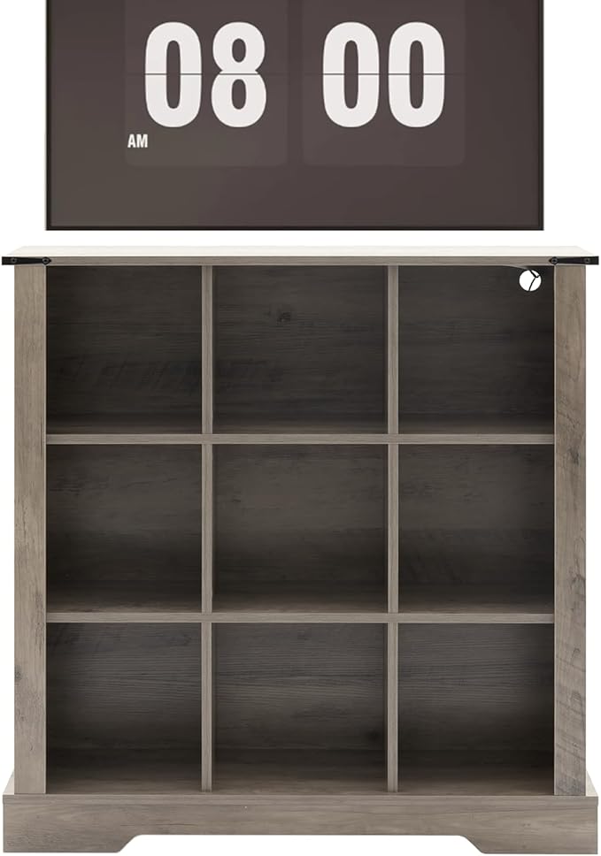 9 Cube Storage Organizer, 3 Tier Bookshelf for Living Room, Farmhouse Bookcase with Led, Kids Toy Storage Cabinet, Wall Cubby Shelves for Home Decor, Wood Display Cabinet for Bedroom, Grey
