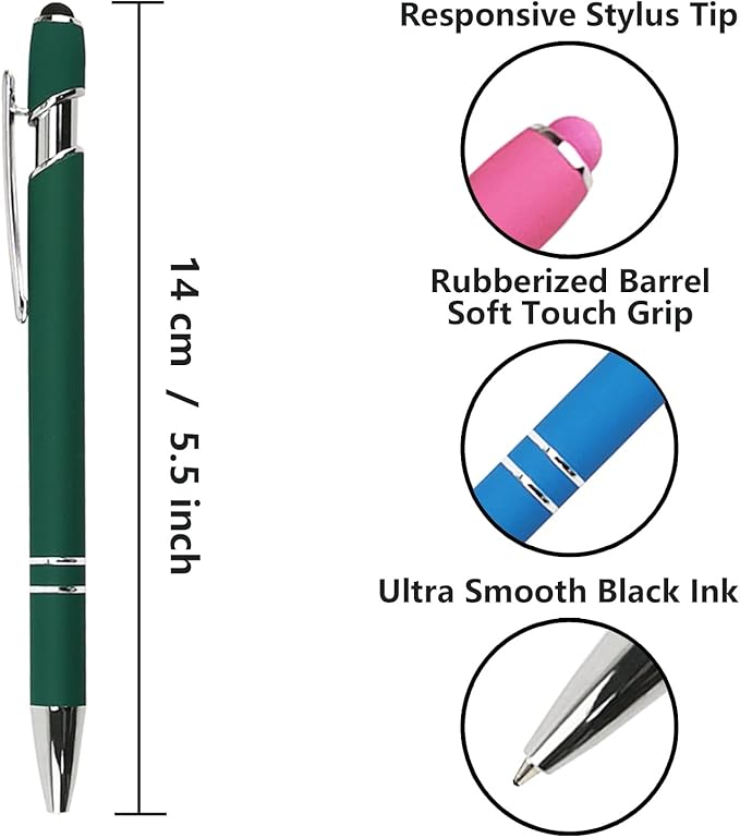 Ballpoint Pen with Stylus Tip, Soft Touch Click Metal Pen, 1.0mm Medium Point, Black Ink, 12 Count(Dark Green)