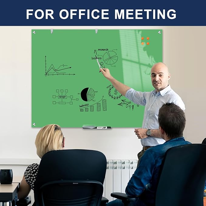 TSJ OFFICE Glass Dry-Erase Board - 48 x 36 Inches Wall Mounted Magnetic Whiteboard, Large Frameless Glass White Board for Office, Home & School, Green