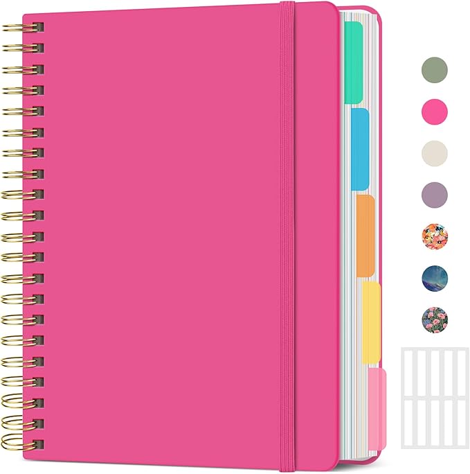 Hardcover Spiral Journal Notebooks for Work With Removable Dividers & Tabs, 8.5"x11" 5 Subject Notebook for Note Taking & Organizer, A4 College Ruled Lined Journal for Women & Writing, Berry Pink, 280 Pages