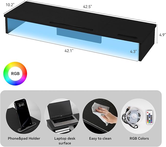 TV Riser Stand with LED Lights, 42.5in Super Large Monitor Stand with Phone Tablet Holder, Tabletop TV Stand Riser for Desk, Desktop Organizer for Computer, TV, Laptop, Printer