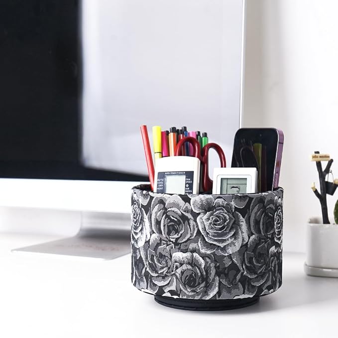 QIELIZI Round Leather Art Supply Organizer,Remote Control Holder,360 Degree Rotating,Multi-Functional Pencil Holder,4 Compartments Desktop Stationary Organizer(1-3D Black Grey)