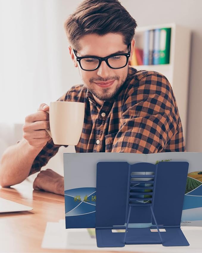 MSDADA Book Stand Metal Reading Rest Book Holder Adjustable Cookbook Documents Holder Portable Sturdy Bookstands for Recipes Textbooks with Page Clips Birthday Gifts for Girls Mom Students(Royal blue)