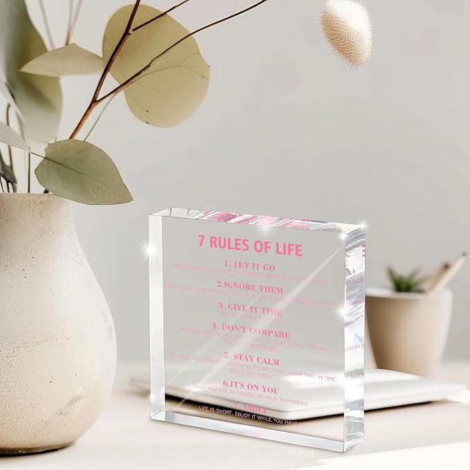 7 Rules of Life Acrylic Desktop Decor, Pink Motivational Acrylic, Desktop Motivational Slogan, Suitable for Office and Home, Suitable for Women and Teens 4x4 Inch