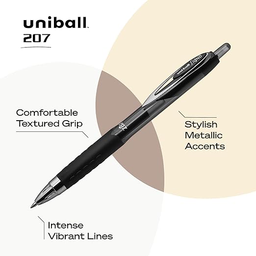 uni-ball 207 Retractable Gel Pens Medium Point, 0.7mm, Black, 12 Pack