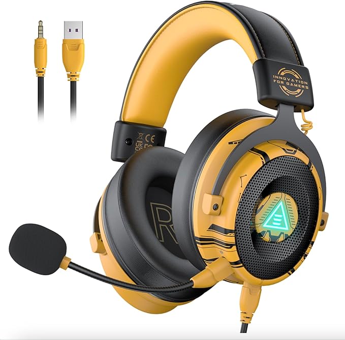 EKSA USB Gaming Headset for PC, Computer Gaming Headphones with Detachable Microphone Noise Cancelling, 7.1 Surround Sound, 50MM Driver, Wired Headset for PS4 PS5, Xbox One, Laptop (Yellow)