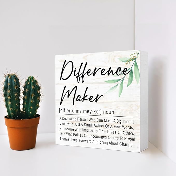 Difference Maker Definition 5" x 5" Wooden Block Sign, Purpose-Driven Office Decor With Leadership Quote, Executive Desk Accent For Change Decor